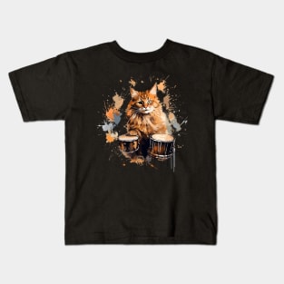 Maine Coon Cat Playing Drums Kids T-Shirt